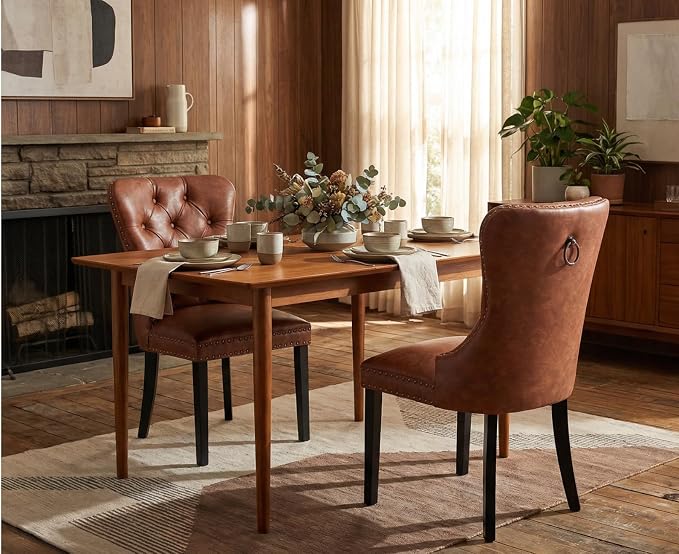 CIMOTA Brown Leather Dining Chairs Set of 2 Mid Century Modern Dining Room Chairs Tufted Upholstered Kitchen Dining Chairs Comfortable Side Chairs with Nailhead Trim/Ring Back (PU /2PCS)