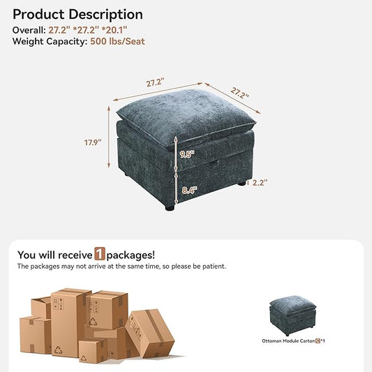 27" Large Square Ottoman with Storage, Modern Upholstered Footrest with Anti-Slip Legs for Couch Coffee Table Living Room, Bedroom, Entryway, Chenille Blue