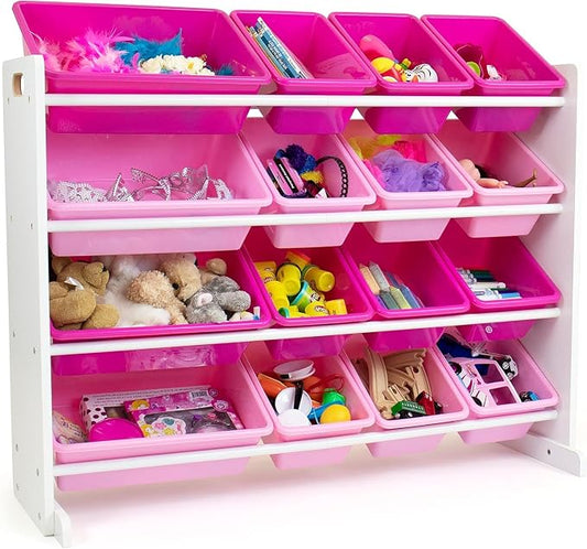 Humble Crew Supersized Toy Storage Organizer with 16 Removable Bins, White/Pink – Large Toy Storage for Toddlers Ideal for Kids' Rooms, Playrooms, and Nurseries - Modern Toy Bins for Kids