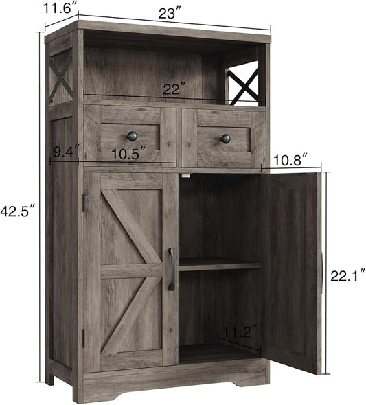 Befrases Farmhouse Storage Cabinet with Drawers and Shelf, Freestanding Kitchen Pantry Hutch for Kitchen, Living Room, Home Office, Rustic Grey
