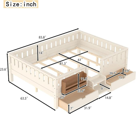 Queen Platform Bed with Storage Drawers and Bookshelves, Kids Platform Bed Frame with Low-profile Stairs and Full-length Guardrails, Queen Bed Frame for Boys, Girls, No Box Spring Needed, Beige