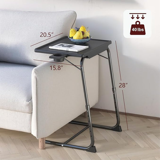 TV Tray Table, Adjustable TV Dinner Table for Eating on Couch with Cup Holder, Folding Couch Desk with 6 Height & 3 Tilt Angle Adjustments, Comfortable Laptop Stand for Bed & Sofa, Black