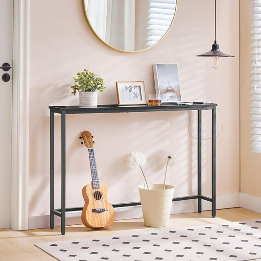 HOOBRO Narrow Console Table with Power Outlets, 44.9 Inches Sofa Table, Slim Behind Couch Table, Entryway Table with Display Shelf, for Living Room, Foyer, Hallway, Black BB114UXG01
