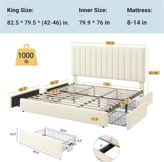 Allewie King Size Storage Bed Frame, Vertical Channel Tufted Adjustable Headboard, Velvet Upholstered Platform Bed with 4 Oversized Underbed Drawers, Wooden Slats Support, No Box Spring Needed, Cream