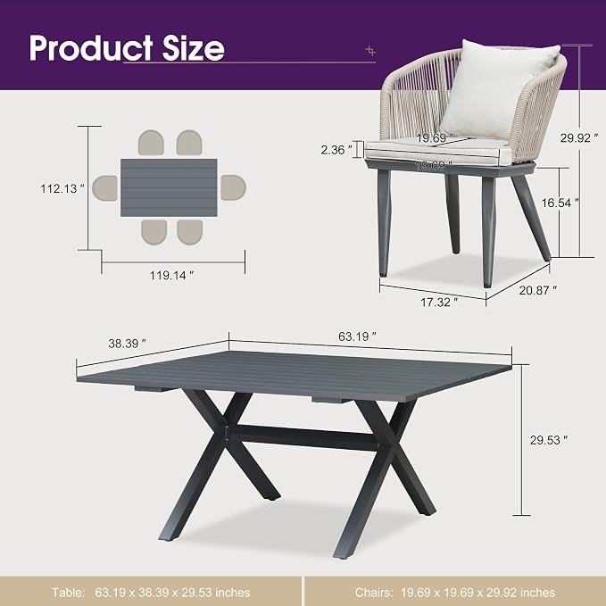 PURPLE LEAF 7 Pieces Patio Dining Set Wicker Outdoor Furniture Rectangular Table and Chairs Set for Garden Deck Aluminum Frame Backyard Kitchen Set, Cushions and Pillows Included Taupe
