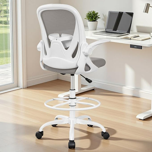 Ergonomic Drafting Chair with Flip-Up Armrests & Adjustable Footrest – Tall Office Chair for Standing Desks, Lumbar Support, Gray – Home & Office Comfort