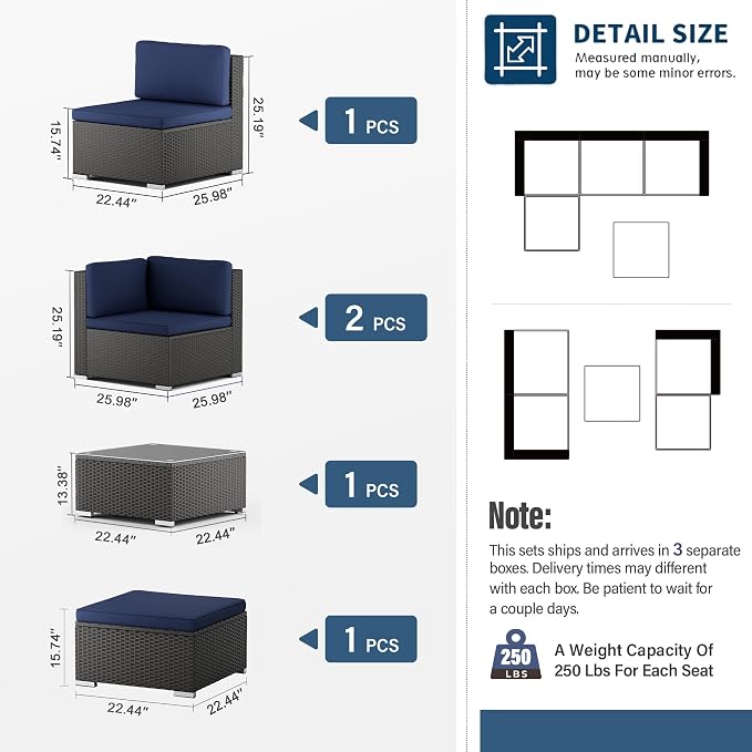 SUNCROWN 5-Piece Outdoor Patio Furniture Set, All-Weather PE Rattan Sectional Sofa with Ottoman, Glass Coffee Table & Cushions, Modular Wicker Conversation Set for Backyard, Garden, Porch, Dark Blue