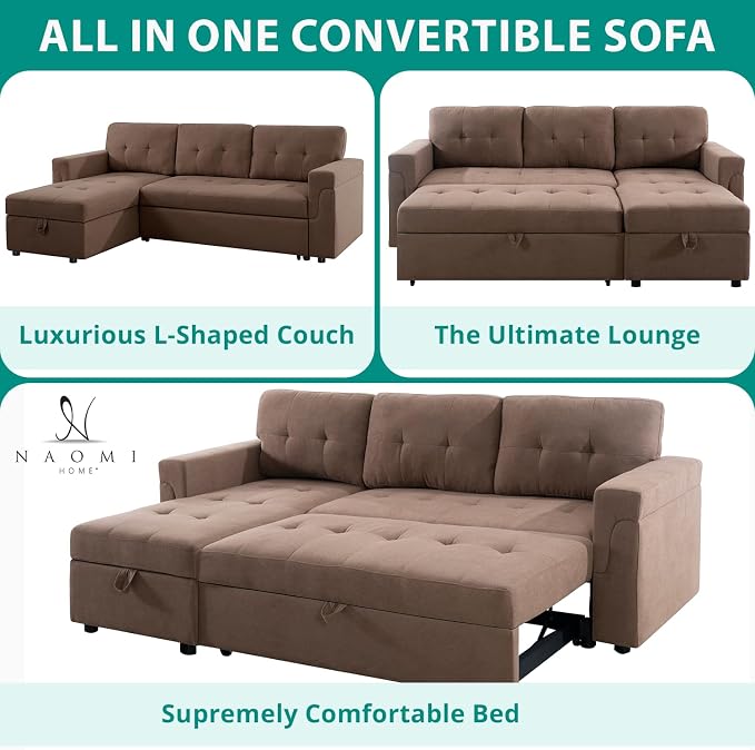 Naomi Home 84" L-Shaped Sectional Sleeper Sofa with Pull Out Bed | Sleeps Guests Comfortably, Stores Essentials in Chaise & Saves Space, Velvet, Mocha Convertible Sofa Bed