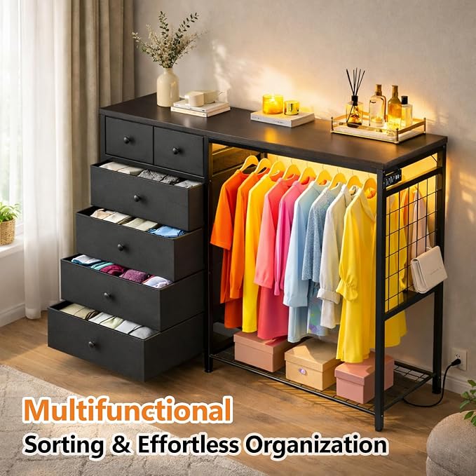 Simple Deluxe Storage Clothes Rack with 6 Drawers, Charging Station & LED Lights, Fabric Chest Shelves Clothing Rack, Wooden Portable Wardrobe Closet, 49.2" W x 15.7" D x 47.2" H, Gary