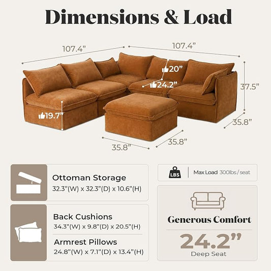 Cloud Modular Corner Sectional, Oversized Deep Seat Comfort, Luxe Chenille | Fully Removable Washable Covers, Memory Foam Seat Cushions, Storage Ottoman, Premium Fabric