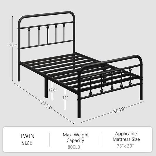 zunatu Twin Size Metal Platform Bed Frame/Victorian Style Headboard and Footboard/Steel Slat Support/Easy Assembly/No Box Spring Needed/Underbed Storage/Noise Free/Black