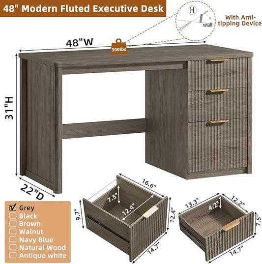 LEYAOYAO Office Desk 48" with 3 Drawers Storage File Cabinet Wood Fluted Desk for Computer Office Bedroom Home Furniture Grey