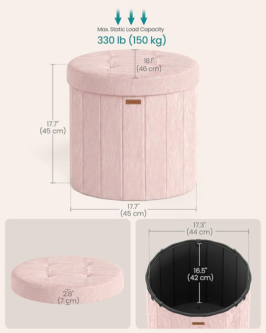 SONGMICS Mazie Collection - Round Storage Ottoman, Folding Footrest Stool with Removable Lid, Easy Assembly, PU Leather Vanity Stool for Bedroom, Living Room, Entryway, Jelly Pink ULSF609SA01