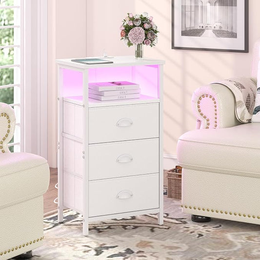 sthmec Nightstand with Charging Station,LED White Nightstand with 3 Fabric Drawers PU Finish, Bedside End Tables, 2-Tier Open Storage Shelf Side Table Nightstand with Drawers for Bedroom,White