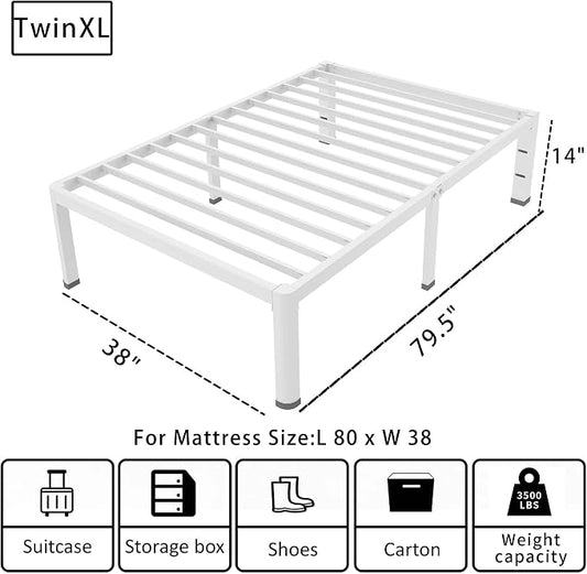 ROIL 14 Inch White Twin XL Bed Frame with Rounded Corner and Headboard Hole Mattress Retainers, 3500LBS Heavy Duty Steel Slats No Box Spring Needed Platform Noise-Free Easy Assembly