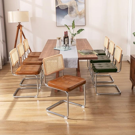 Zesthouse Natural Rattan Dining Chairs Set of 2, Mid Century Modern Dining Room Chairs with Chrome Leg, Faux Leather Kitchen Chair with Solid Wood Back & Cane Mesh, Breuer Cesca Design Inspired, Brown