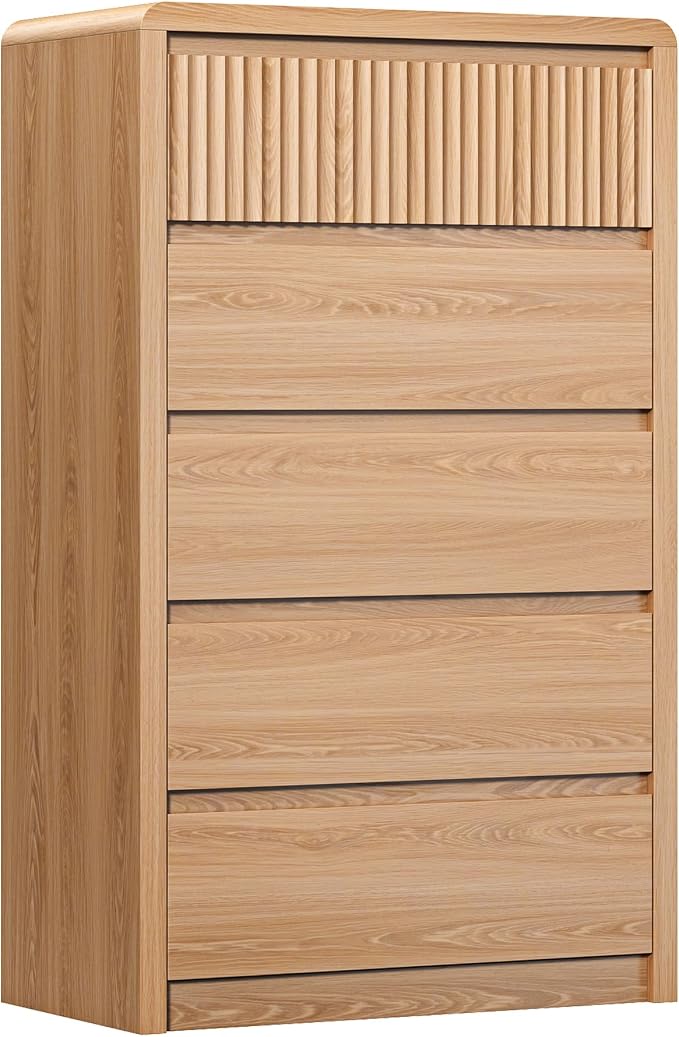 LYNSOM 5 Drawer Dresser for Bedroom, 48" Tall Fluted Dresser with Curved Corners, Wood Dressers & Chests of Drawers with Dual-Panel Design for Bedroom, Entryway, Oak
