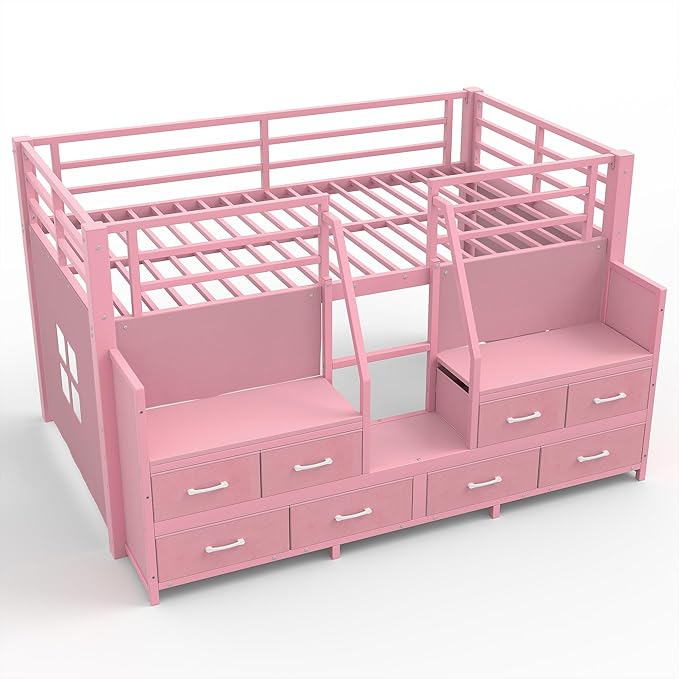 Bellemave Twin Size Loft Bed with 8 Non-Woven Fabric Storage Drawers and Bookshelf, Low Loft Bed with Lights and Private Play Curtain, Twin Loft Beds with High Rails, Noise Reduced Pink