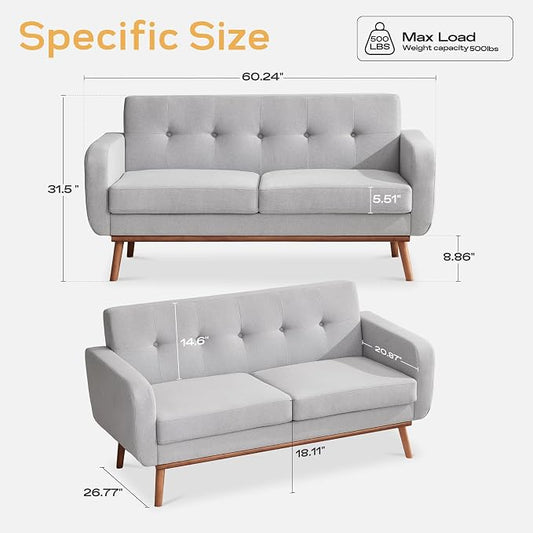 HUIMO Sofa Couch, Mid Century Modern Sofa with Solid Wood Frame, Button Tufted Couch for Bedroom, Living Room, Office, Apartment (Light Grey, 60 inch)