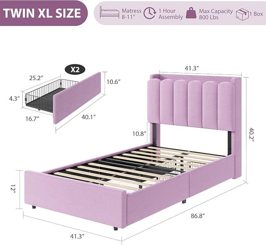 Garvee LED Twin XL Bed Frame with Storage Headboard, Kids Bed Frame with 2 Drawers, Boucle Upholstered Platform Bed for Girls, Chic Wavy Headboard with Bookcase, No Box Spring Needed, Purple