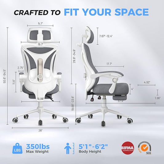 CYKOV Ergonomic Office Chair with Footrest - Adjustable Lumbar Support & Headrest, 90-135° Reclining Mesh Back Computer Chair - Home Office/Gaming, 350lbs Capacity