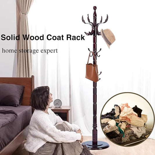 Wooden Coat Rack Freestanding, Hall Tree Hanger With Resin Hooks, Adjustable Heavy Duty Coat Rack for Hanging Clothes Bags Hats in Living Room Bedroom (coat rack, Round Base-Phoenix hook)