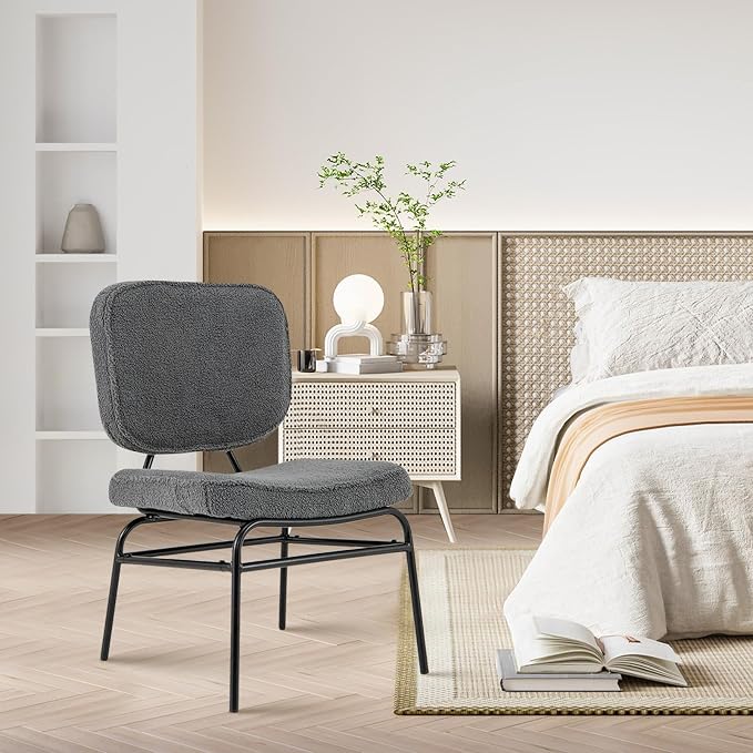 Giantex Modern Armless Accent Chair - Sherpa Reading Chair with Sponge Padding, Adjustable Foot Pads & Metal Frame, Upholstered Side Chair for Living Room, Bedroom & Reading Room, Grey