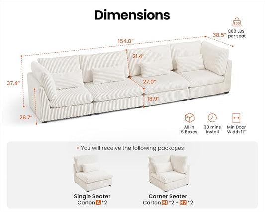154" Oversized Corduroy Couch Modular Sectional Sofa, Washable Cloud Couch Sectional, 4 Seater Sectional Couches for Living Room, Fully Cover Removable, Basic 4 Seater, Corduroy, White