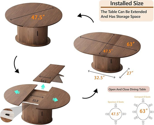 Extendable Round Dining Table for 2-4-6, 63 Inch Dining Room Kitchen Table with 2-Tier Storage Shelf, Modern Farmhouse Fluted Wood Slide Door Dinner Furniture,Oval Circle(Walnut-63 Inch)