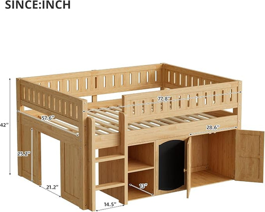 Full Size Loft Bed with Storage Cabinet & Chalkboard Panel, Wood Loft Bed Frame, Space-Saving Design, Natural