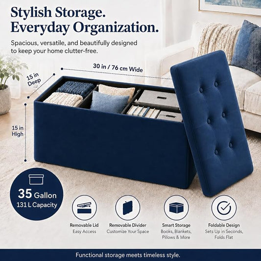 ALASDO 30 Inch Folding Storage Ottoman Bench with Hidden Storage, Velvet Storage Ottoman Foot Rest Stool, End of Bed Bench for Bedroom, Living Room, Entryway and Closet, Navy Blue