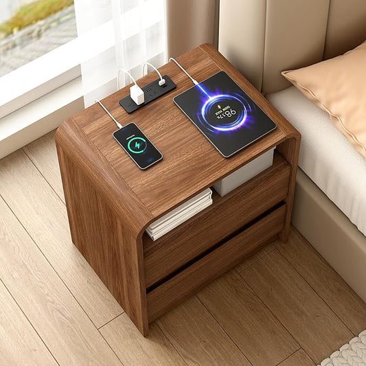 23.6" Walnut Nightstand Set of 2 with Charging Station, Anti-Collision Mid Century Modern Bedside Table with 500 LB Capacity, Soft Close Drawers Night Stand with Hidden Storage for Bedroom