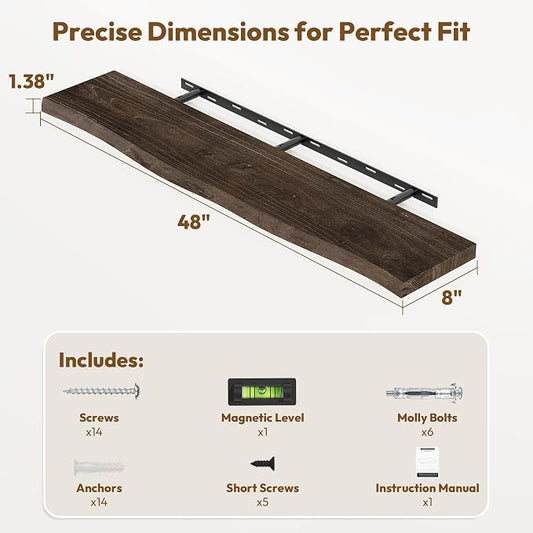 Vivelove Live Edge 48 Inches Floating Shelves for Wall, Elm Wood, Rustic Farmhouse Wall Shelf with Invisible Bracket for Living Room Bedroom Bathroom Office Book - Set of 1 - Dark Walnut