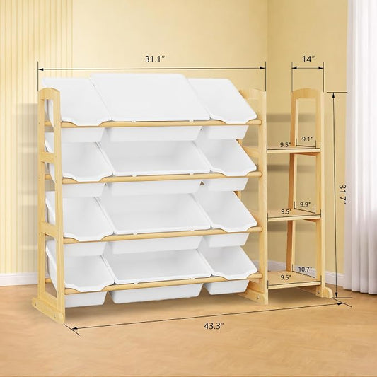 Toy Storage Organizer with 12 Bins & 3-Tier Bookshelf - White | 12 Removable Bins Keep Toys Sorted; 3-Tier Kids Bookshelf Creates Easy-Access Storage for Kids Rooms and Playrooms