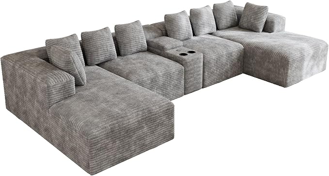 143" Oversized U Shaped Cloud Sectional Couches for Living Room, Comfy Fluffy Corduroy Grey Boneless Couch, Large Modular Sectional Sofa Set with Chaise, Cup Holder, USB Port, Storage Console