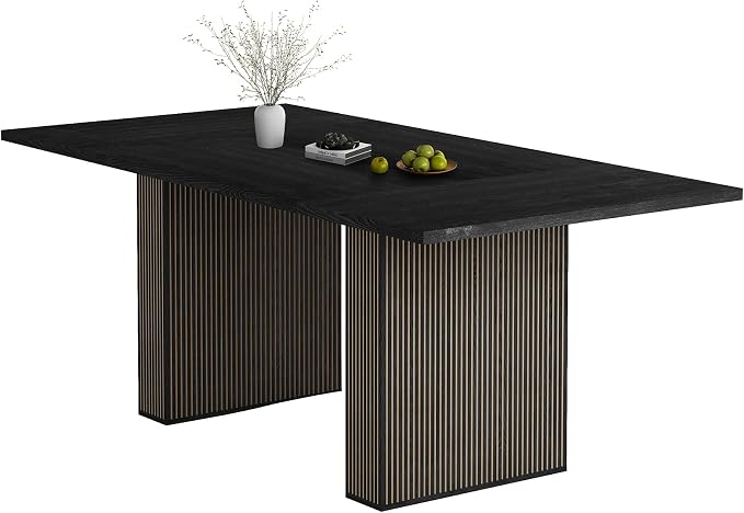 78 Inch Rectangular Dining Table for 6 to 10, Farmhouse Fluted Dining Kitchen Table, Modern Wood Long Dining Table for Kitchen Living Room, Black
