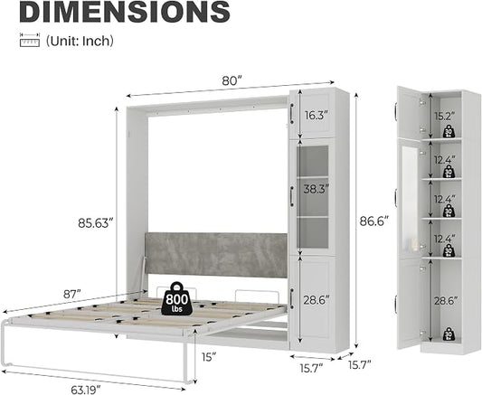 Bobve Farmhouse Murphy Bed Queen, 85" Wall Bed Folds to Save Space,Concealed Bed Frame with 1 Glass Storage Cabinet and Wall Mounted Features for Apartment/Office/Guest Room