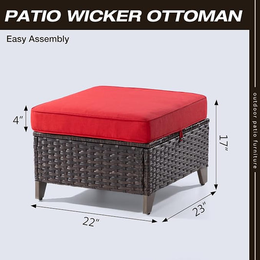 Joyside Patio Ottoman Set of 2, All Weather Outdoor Rattan Ottomans Patio Footstools with Removable Cushions for Garden Backyard Porch (Red)