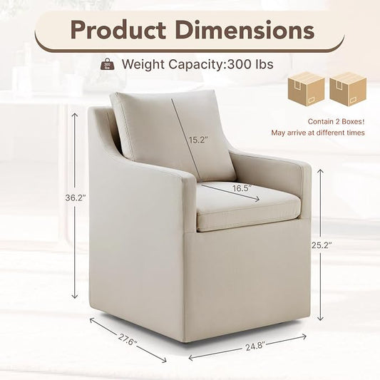 KISLOT Upholstered Dining Chairs Set of 2, Modern Dining Room Chairs with Casters & Washable Cover, Rolling Accent Chair with Hidden Storage for Kitchen, Farmhouse, Living Room, Flax Beige, 2 Boxs