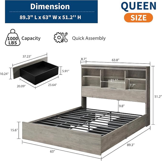 GarveeHome Queen Size Bed Frame with High Storage Bookcase Headboard, Wood Bed Frame with 4 Storage Drawers, Built in Charging Station, No Box Spring Needed, Metal Frame, Noise-Free, Grey