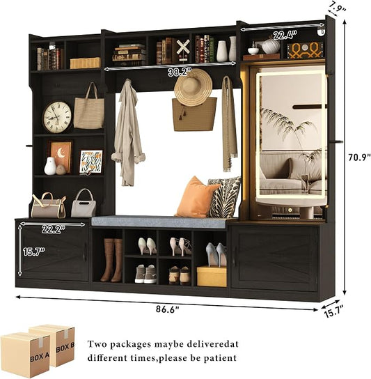 chartustriable 71''H 86.6''W Large LED Farmhouse Hall Tree with Bench and Shoe Storage,Entryway Bench with Coat Rack,12 Shoe Cubbies & Umbrella Holder,Mudroom/Hallway Storages Cabinet(Black)