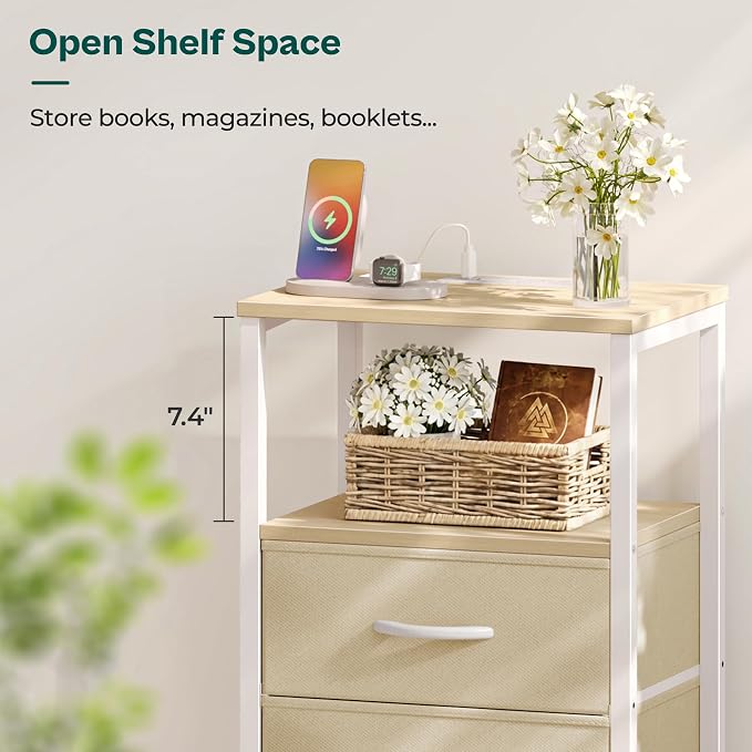 Huuger Nightstand with Charging Station, Side Table with Fabric Drawers, End Table with Open Shelf, Bedside Table with USB Ports and Outlets, Night Stand for Bedroom, White Marple