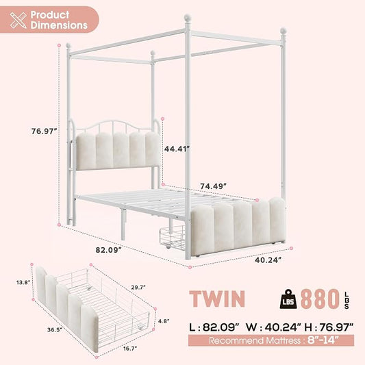 Homkdom Canopy Bed Frame Twin with Storage Drawers and LED Lights & Charging Station,Princess Velvet Upholstered Headboard,Heavy Duty 880lb,Easy Assembly,White