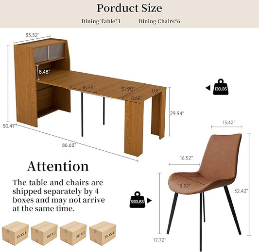 HIPIHOM 86.6" Extendable Kitchen Table Set for 6, Storage Cabinet | Space-saving Extendable MDF Dining Set with 6 Brown Chairs, Family Meal, Apartment, Small Room