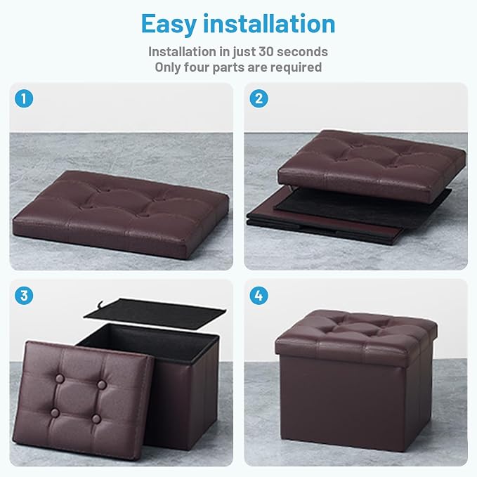 Bsketa Storage Ottoman Foot Rest Stool, Small Leather Storage Ottomans Bench, Folding Footstool with Side Pockets, Foot Rest Under Desk for Living Room Bedroom, 16x12x12 in, Brown