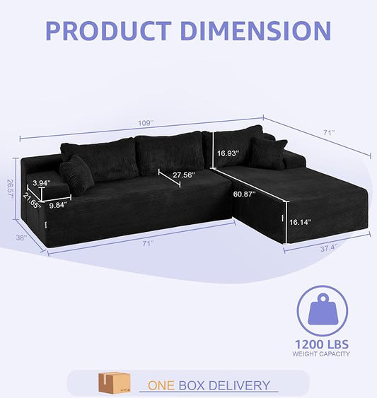 Hobestluk Modular Sectional Sofa Couches L-Shape Couch 3 Seat Modular Sofa Memory Foam Sectional Couches for Living Room, Cloud Couch with Oversized Chaise (Black Corduroy, 108", Right Hand Facing)