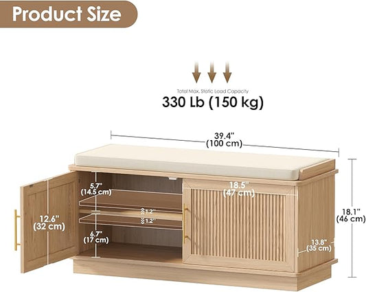 Akxomel Fluted Shoe Storage Bench with Cushion, 39.4" Entryway Bench with Adjustable Shelves and 2 Doors, Shoe Cabinet Bench with Curved Profile, for Hallway, Living Room, Bedroom, Natural Oak