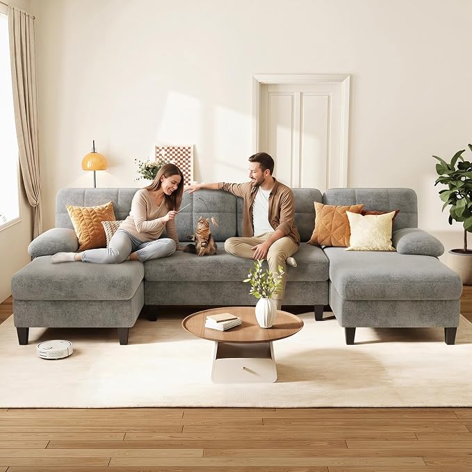 KKL U-Shaped Sectional Couch for Living Room, 112" Sectional Sofa with Double Chaise, Modern Sofa Deep Seat Couches for Living Room, Apartment, Office, Grey