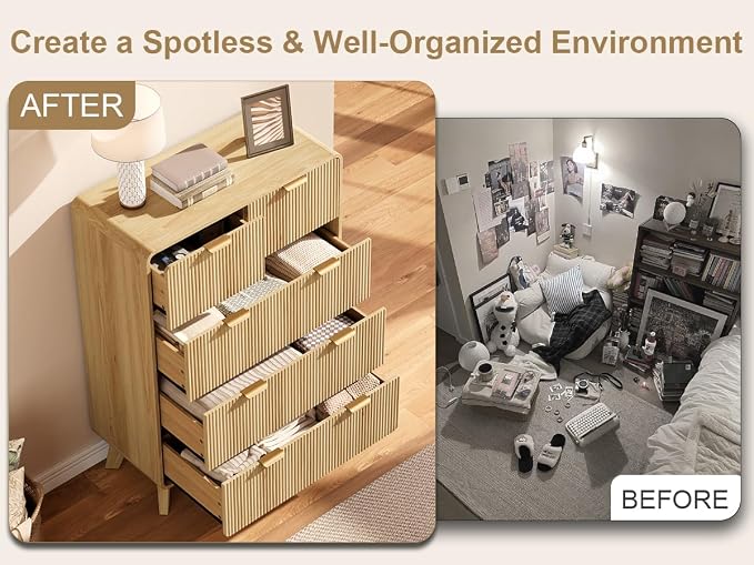 QUW Fluted 5 Drawers Dresser for Bedroom, Modern 40.2" Tall Drawer Dressers with Metal Handle, Wooden Chest of Dresser for Living Room, Hallway, Solid Wood Legs, Curved Profile Design, Natural Oak