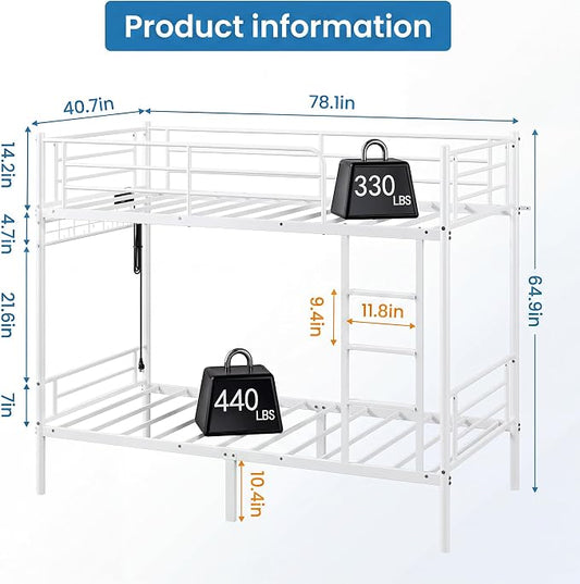 Bunk Bed,Bunk Bed Twin Over Twin with LED Lights and Charging Station | Heavy Duty Metal Bunk Bed Frame with Guardrails and Ladder,Space Saving Bunk Beds for Teens Dorm Bedroom,White